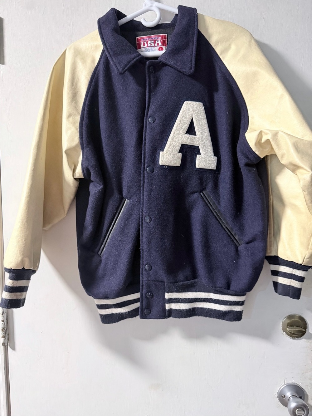 Navy and Cream Letterman Jacket with 'A' Patch